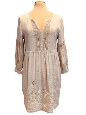 Tommy Bahama Linen Blend Embroidered Boho Khaki Natural Eyelet Dress